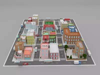 Low Poly City street with buildings and cars Low-poly 3D model