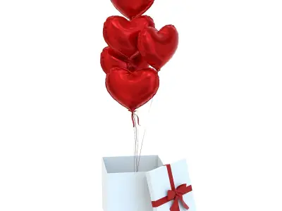 Heart Valentine Balloons and Gift Box Low-poly 3D model