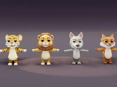 Tiger Lion Wolf Fox Pack 3D Model Low-poly 3D model