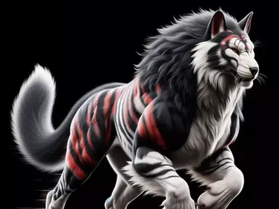 Fantasy Tiger Wolf Hybrid Red Stripes Glowing Eyes 3D Low-poly 3D model
