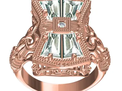 Antique Round and Baguette Diamond Filigree Art Deco Ring 3D print model