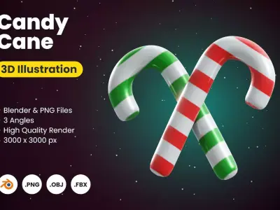 3D Christmas Candy Cane Illustration Free 3D model