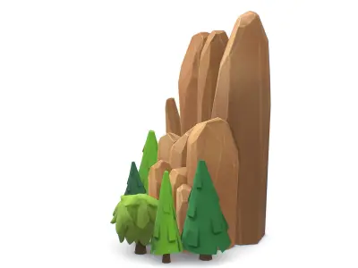 Cartoon Stone Cllff and Green Trees Low-poly 3D model