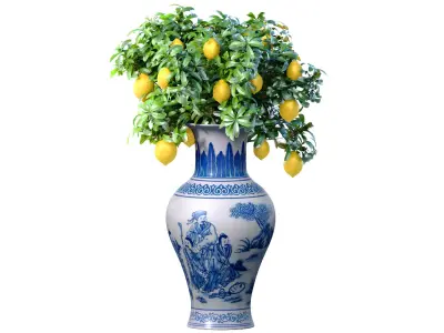 Lemon tree in a Chinese vase pot Decorative Citrus Houseplant 3D model