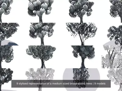 9 stylised representation of a medium sized broad-leafed trees 3D Model Pack