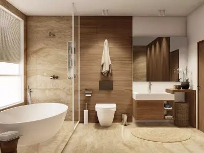 Realistic Bathroom modern with wooden floors and walls 3D model