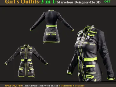 3 in 1 Girls Outfits-Models-Materials-Textures 3D model
