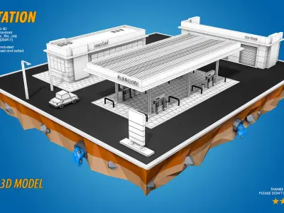 Low Poly Gas Station Market and Car Wash Low-poly 3D model