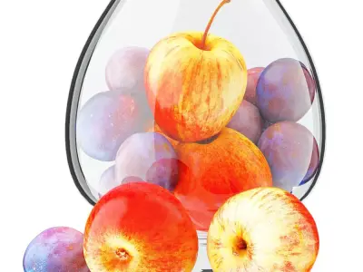 Apples and Plums in a Round Glass Vase 3D model