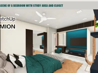Interior scene of a Bedroom with study area and closet 3D model