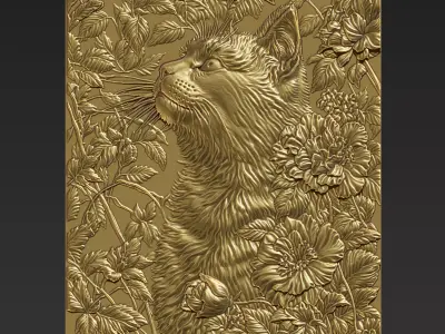 Cat Head with Flowers Background A29 3D print model