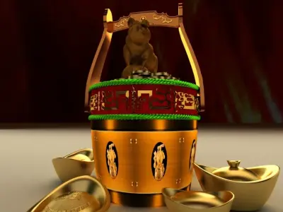 Chinese Gold Ingot bucket with Golden Pig 3D model