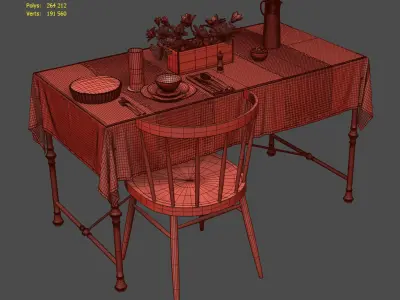 Tableware dining table with linens 3D model