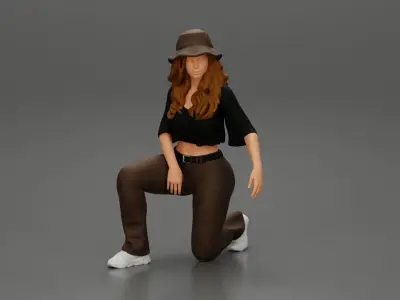 Chola Girl in hat sitting on knee hugging her dog - Separated 3D print model