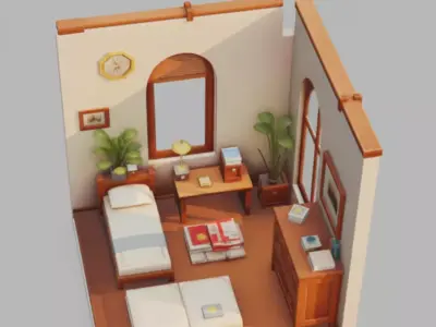 Cozy Bedroom Interior 3D Cartoon Room Wooden Furniture Plants Low-poly 3D model