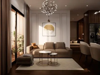 Apartment modern kitchen and dining room in 3D model