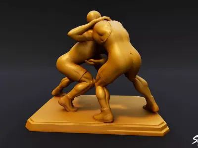 Golden Wrestling Statue Low-poly 3D model
