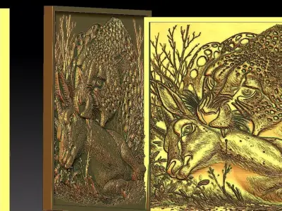 1 leopard hunting deer CNC Relief 3D print model