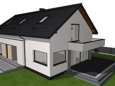 Modern Family House 3D Model with Garden and Fence 3D model