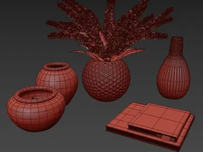 Decorative set three vases with plants and book 3D model