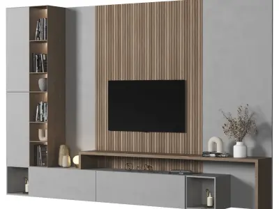 TVWALL023 modern living room with shelves and tv 3D model
