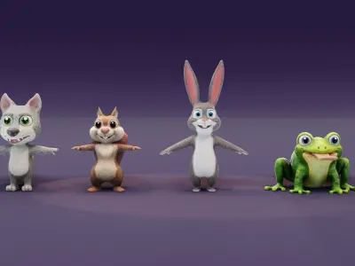 Wolf Fox Rabbit Frog 3D Models Pack Low-poly 3D model