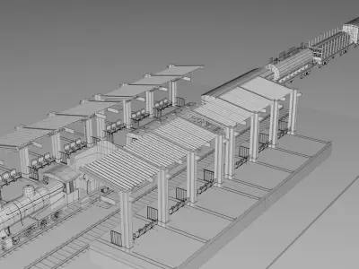 Vintage Steam Train Engine Station with Interior Low-poly 3D model