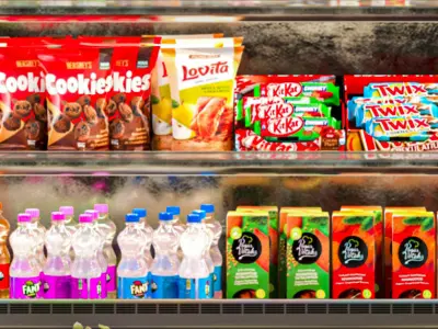 Showcase in a supermarket with food and drinks 32 3D model