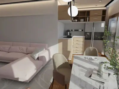 living room with smart kitchen 3D model