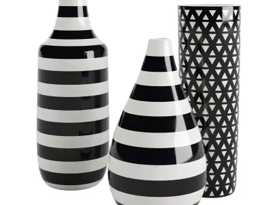 Set of 3 black and white patterned vases 3D model