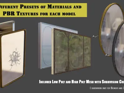 Wall Mirror Kit with Crack and PBR Textures Options Low-poly 3D model