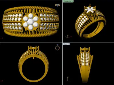 Triple Row Diamond Engagement Ring in Yellow Gold 3D print model
