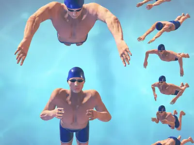 Swimming Man Frog Style Riged and Animated Low-poly 3D model