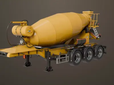 Cement Mixer and Trailer Yellow Rigged All PBR Unity UE Textures 3D Model Pack