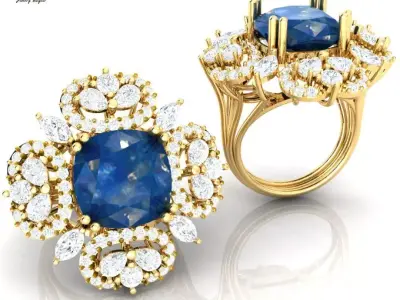 RING with deep blue color stone embraced by diamonds 3D print model