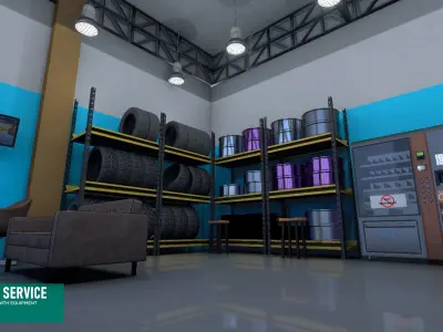 Car service - garage with equipment Low-poly 3D model