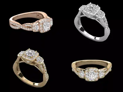 Luxury Halo Three Stone Diamond Ring CAD Design 3DM STL 3D print model