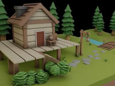 Low poly House in forest Free low-poly 3D model