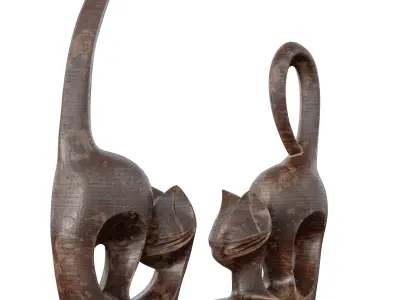 Wooden Cats Statue  Hand-Carved Animal Sculpture Low-poly 3D model