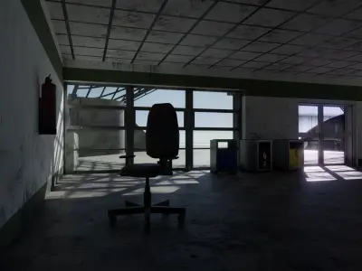 Dirty glass and concrete building with interior  Low-poly 3D model