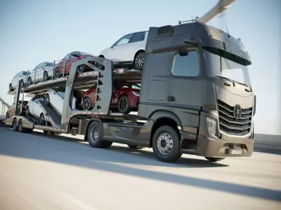 Semi-truck with car carrier trailer 3D model