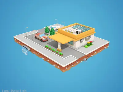 Cartoon Car Service Building Low-poly 3D model