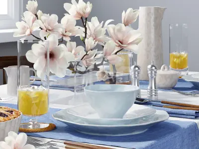 Tableware dining table with linens 3D model