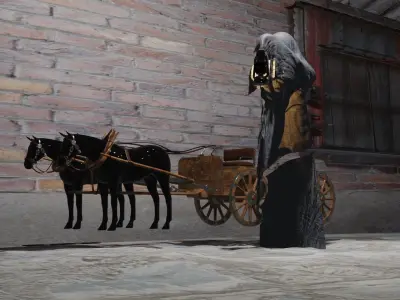 gost with lamb in hand near horse vehicle 3D model