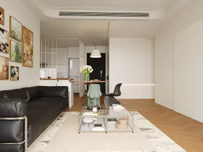 Scandinavian Japandi Kitchen and Living Area with Coffee Bar 3D model