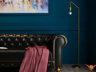 Black living room with Black leather sofa luxury interior 3D model