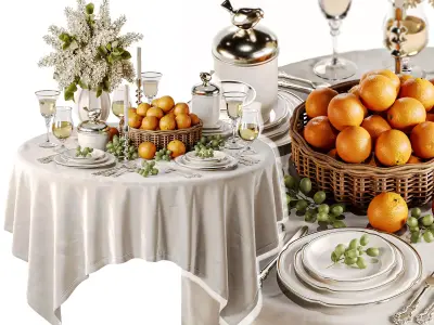 Elegant Dining Table with White Lilac Flowers and Fruit Basket 3D model