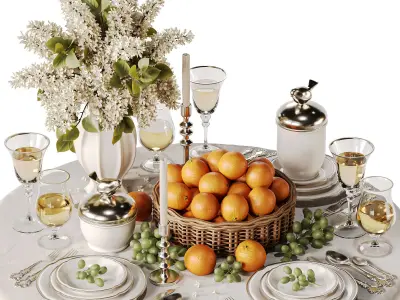 Elegant Dining Table with White Lilac Flowers and Fruit Basket 3D model