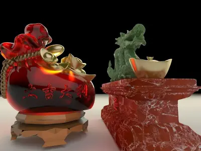 Chinese money bag with yuanbao and dragon 3D model