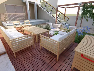 Backyard landsacpe design of modern house with sitting 3D model